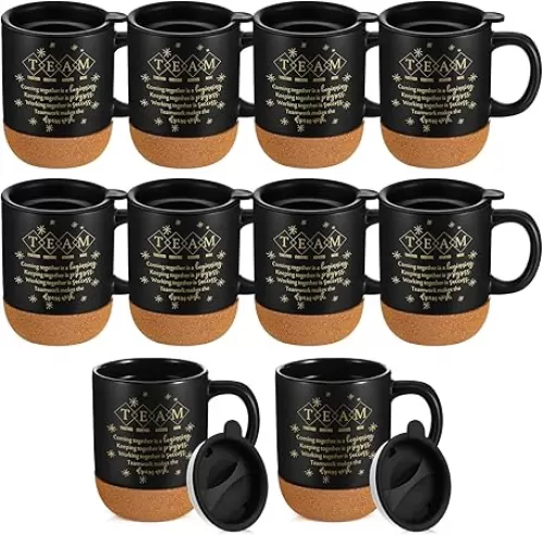 10 Pcs Team Gift for Employee Motivational Coffee Mug Appreciation Thank You Mugs Bulk with Cork Bottom Cheer Cup for Staff Coworker Back to School Teacher Appreciation Housekeeping (Black)