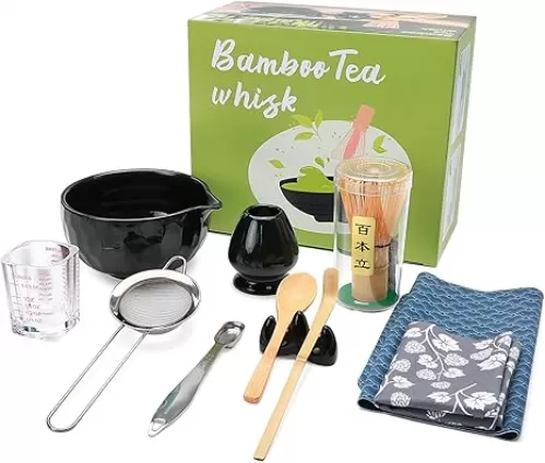 11 PCS Matcha Set Whisk and Bowl, Black Matcha Kit Set with Scoop & Holder, Ceramic Japanese matcha Tea set, Complete Gift set, Making Breakfast, Latte for Friend, Family, Tea Lovers