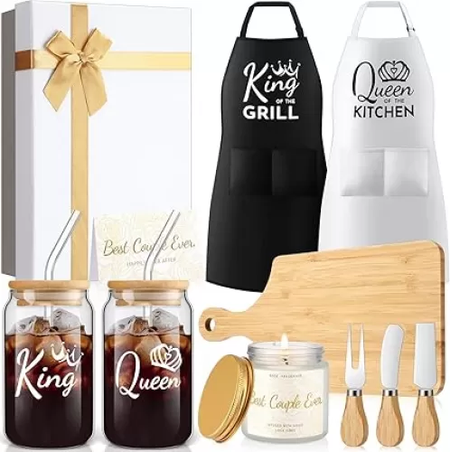 12 Pcs Wedding Gifts for Couples King Queen Glass Cups Aprons Charcuterie Board Candle Butter Knife Box Set for Bridal Shower Engagement Anniversary Newlywed Bride Groom His and Her