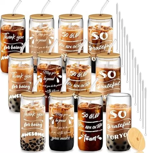12 Set Employee Appreciation Gifts, Inspirational Thank You Gift for Women Best Friends, Teacher, Nurse, Boss, Staff - Farewell Gifts for Coworkers, 20oz Glass Cups with Lids and Straws (Mixed)