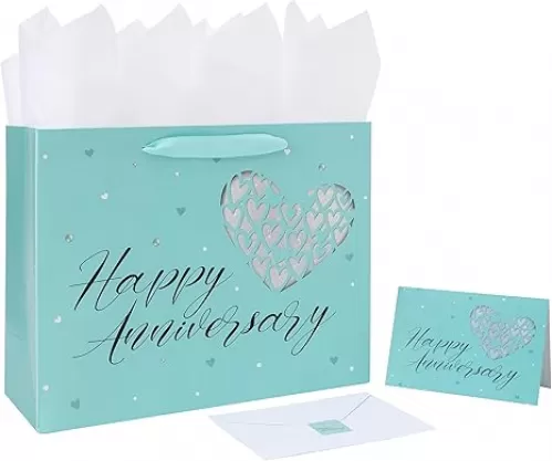13” Large Anniversary Green Gift Bag Set with Handles, Greeting Card, Tissue Papers and Stickers for Women Men Husband Wife Boyfriend Girlfriend or Romantic Partner, Heart Design, 1 Pcs