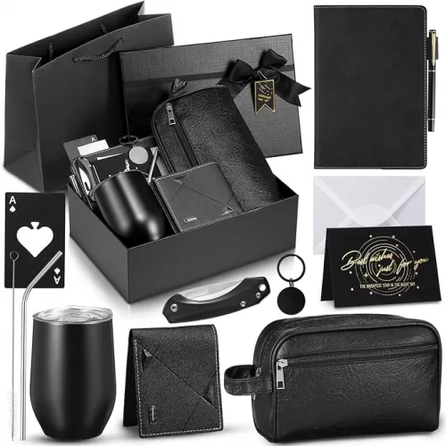13 Pcs Birthday Gifts for Men Thank You Gift Baskets 12 oz Stainless Steel Tumbler Leather Toiletry Bag for Him Valentine Christmas for Dad, Boyfriend, Husband, Brother