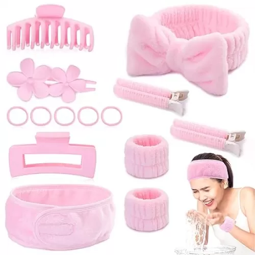 14PCS Face Wash Headband Wristband Set Pink Soft-Puffy Skincare Headbands with Hair Clips Soft Spa Bow Headband Elastics Hair for Teen Girl Gifts