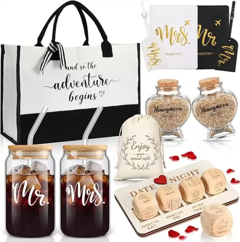 16 Pcs Wedding Gifts for Couple Mr Mrs Honeymoon Gifts Bridal Shower Engagement Favors with Glass Date Night Dice Passport Holder Baggage Tags Jar Tote Bag(Mr and Mrs)