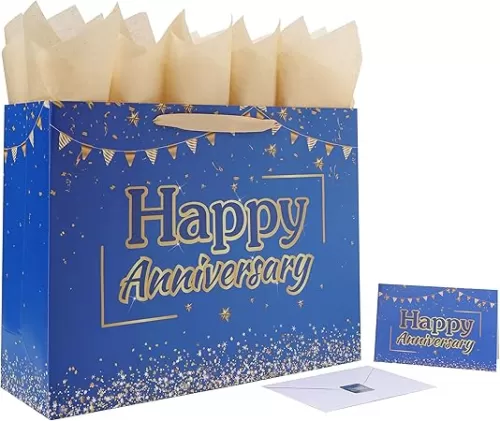 16.5” Extra Large Anniversary Blue Gift Bag Set with Handles, Greeting Card, Tissue Papers and Stickers for Men Husband, for Anniversary Party, Wedding Party, 1 Pcs