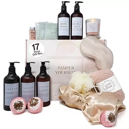 17-Piece Luxury Gift Set with Robe | Complete INFUSÉ White Tea & Coconut Bath Collection | Self-Care Kit with Bath Bombs, Face Masks & Hair Care | Bridesmaid, Mom, Wife, Grandma or Loved Ones