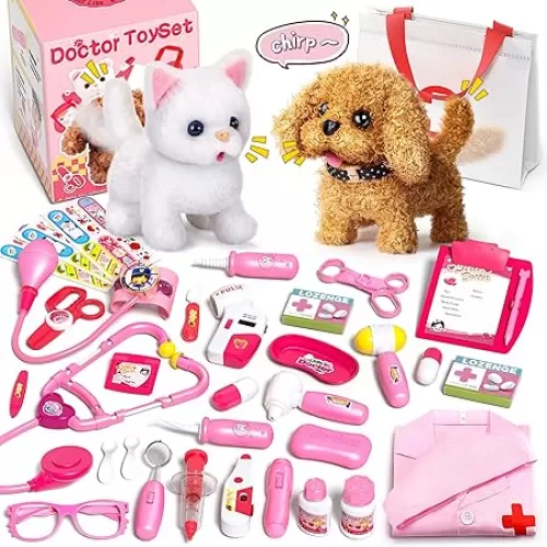 2 Plush Pets Cat & Dog, 36-Piece Vet Doctor Kit for Kids - Toddler Veterinarian Playset with Costume, Doctor and Dental Tools - Educational Pretend Play Toy Gift for Boys & Girls