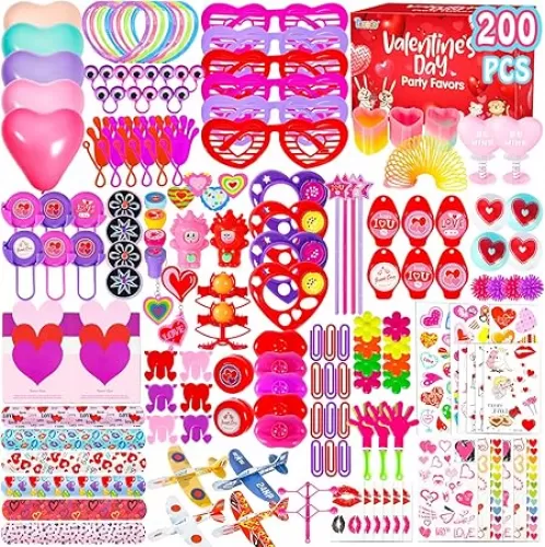 200pcs Valentines Party Favors Toys Assortment, Valentines Day Gifts for Kids as Valentine Classroom Prizes Rewards Bulk Goodie Bag Stuffers Birthday Party Supplies(Valentines)