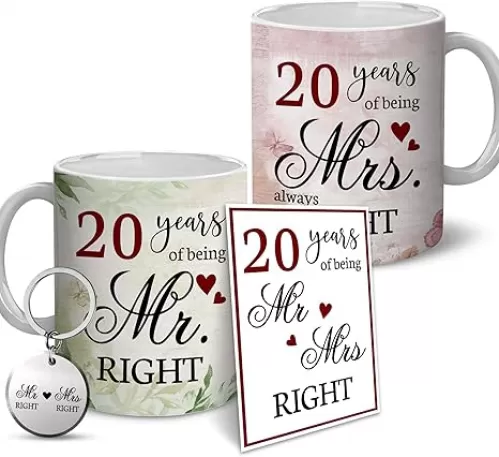 20th Anniversary Wedding Gifts For Couple - Valentine Mug Set Keychain, Card For Wife Husband - 20 Years Mr Right Mrs Always Right - 20 Year Together - Valentine Gifts For Mom, Dad, Him, Her