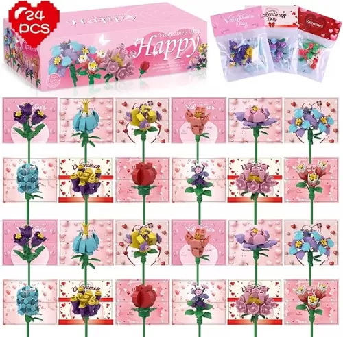 24 Pack Valentines Day Gifts for Kids Valentines Rose Flower Building Blocks Set with Card Classroom Exchange Prize Party Favor Blocks for Boys and Girls