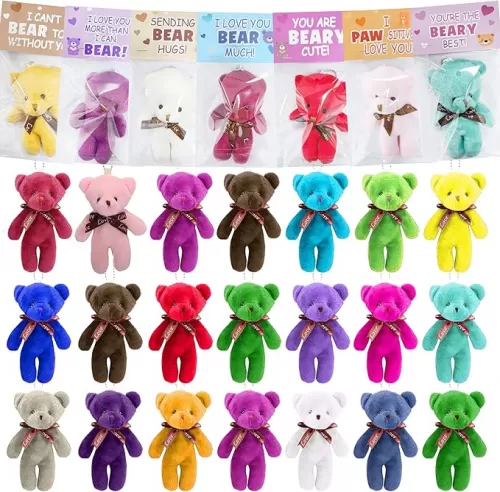 24 Pcs Valentines Gift Cards with Plush Bears Plush Toys Party Favors, Stuffed Animal Plush Toys Plush Toy for Adult Valentines Gifts Classroom School Exchange Prize