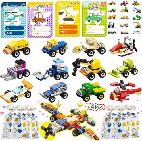 24PCS Valentines Day Gifts for Kids, Building Blocks with Valentines Cards for Kids Classroom, Valentines Gifts School Exchange Party Favors for Kids Boys Girls