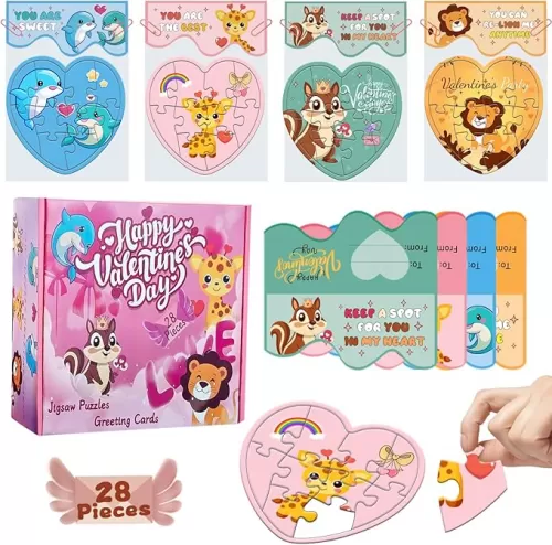 28 Pack Valentines Day Cards for Kids School, Heart Jigsaw Puzzle Set Toddler Valentine