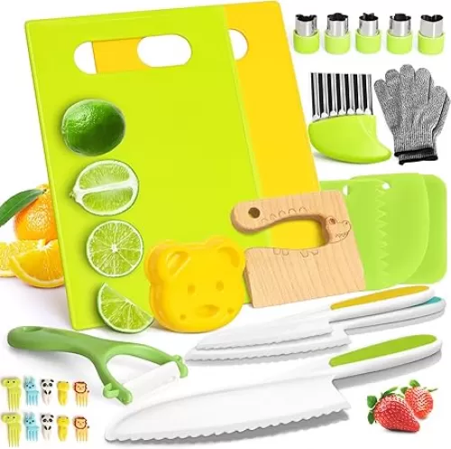 28PCS Toddler Knife Set - Kids Knifes for Real Cooking, Montessori Kids Kitchen Knife Set with Cutting Board Crinkle Cutters Kid Safe Knives, Toddlers Kitchen Tools for Age 2-10 Year Old Girl Boy