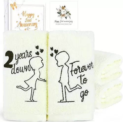 2nd Anniversary Cotton Gift, 2 Pack Premium 100% Cotton Towel Set with 2 Years Anniversary Card, Romantic Gifts Anniversary Marriage Gifts for Him Her Husband Wife Couple Gift