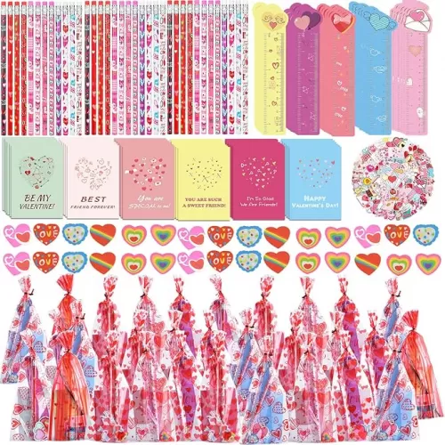30 Pack Valentines Day Gifts for Kids Classroom Valentines Stationery Set - Valentine Pencils Notepads Rulers Erasers Valentines Treat Bags Party Favors for Kids
