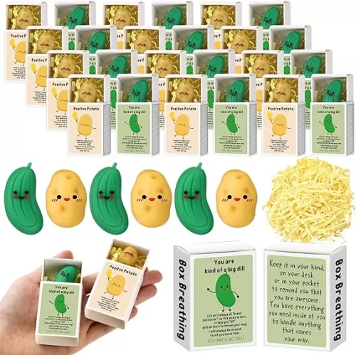 30 Set Emotional Support Potato Pickle Erasers Desk Pets with Affirmation Box Raffia Back to School First Day Class Welcome Gifts for Student Positive Potato Cucumber Eraser Coworker Reward