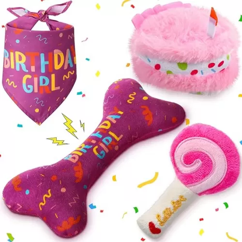 4 Pcs Dog Birthday Toys Set Squeaky Dog Birthday Party Gift Stuffed Chew Toys Puppy Girl Boy Squeak Gift for Small Medium Large Pet(Pink, Classic Style)