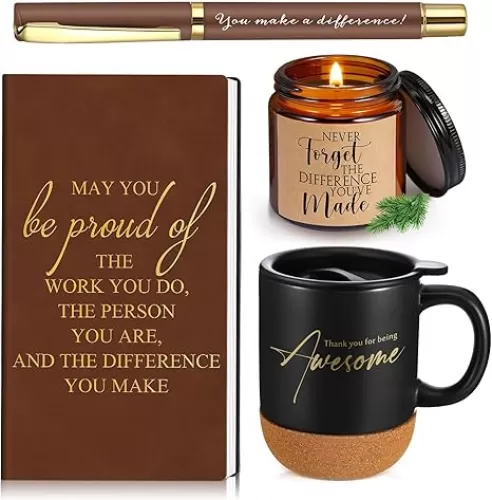 4 Pcs Thank You Gifts for Men Women Housekeeping Week Gift Employee Inspirational Notebook Appreciation Coffee Mug Scented Candle Pen for Teacher Coworker Boss Team (Brown, Classic)