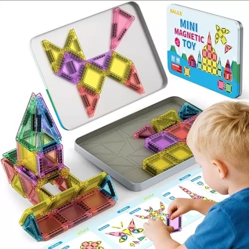 46PCS Mini Magnetic Tiles, Portable Magnetic Toys Travel Set with Iron Case for Kids Ages 4-8, Creativity Boosting Building Toys Set, Toddler Puzzle Birthday Gift Toys for Boys and Girls Ages 3+