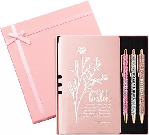 5 Pcs Work Bestie Gifts for Women Appreciation Gifts for Coworkers Leather Journal 3 Ballpoint Pens with Box Thank You Present for Work Bestie Female Leader (Pink)