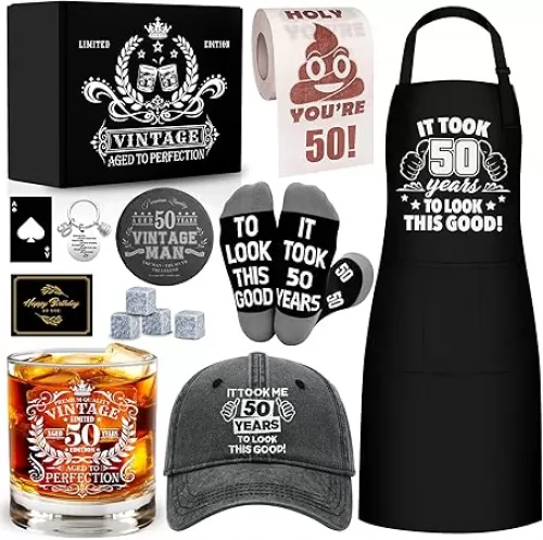 50th Birthday Gifts for Men Whiskey Glass Set, 50th Birthday Party Supplies with 11 Oz Whiskey Glass Coaster Stone Baseball Cap Apron Sock Funny Toliet Paper Keychain for Him, Dad, Husband, Friends