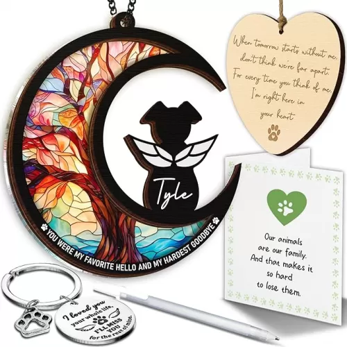 6" Angel Dog Memorial Suncatcher, Engraved Pet Memorial Ornament, Pet Sympathy Keychain, Loss of Animal Sympathy Card, Rainbow Bridge Dog Loss Gift, My Favorite Hello Hardest Goodbye PS190