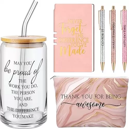 6 Pcs Back to School Employee Appreciation Gift Set for Women Thank You Gifts, Difference Maker 17 oz Glass Cup, Marble Print Makeup Bag Journal for Teachers Coworkers Boss Farewell(Pink)