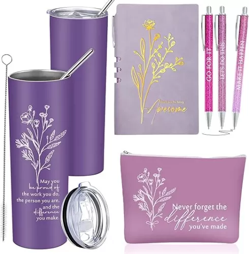 6 Pcs Back to School Gifts Employee Appreciation Gift Thank You May You Be Proud 20 oz Boho Flower Tumbler Makeup Bag A6 Leather Journal Ballpoint Pens Office Gift (Purple)