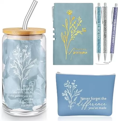 6 Pcs Employee Appreciation Gift Set for Women Thank You Gift May You Be Proud 17oz Aesthetic Glass Tumbler Makeup Bag Journal Ballpoint for Teacher Nurse Lady Business