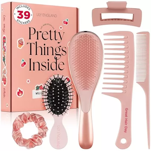 6 Pcs Hair Brush Set with Brush & Combs - Detangling Brush for All Types with Wide Tooth & Tail Comb, Scrunchie & Claw Clip - Hair Care Gift Set with Stickers for Teen Girls, Women & Kids