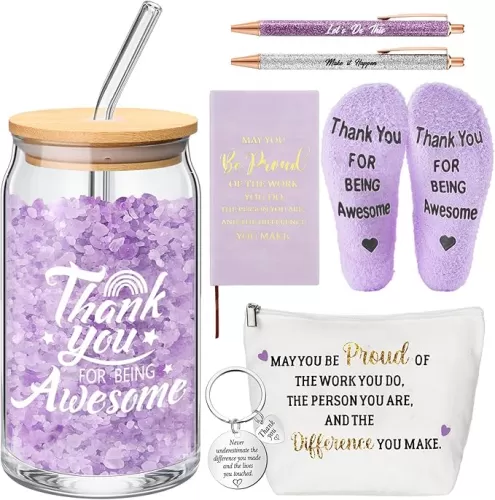 7 Pcs Employee Appreciation Gift for Women Thank You Gift May You Be Proud Journal Makeup Bag Glass Tumbler Socks Ballpoint Pen Keychain for Women Coworker Teacher Employee Nurse(Purple)
