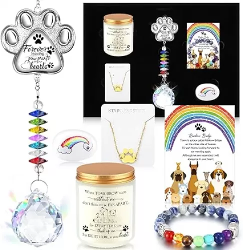 8 Pcs Dog Memorial Gifts for Loss of Dog Cat Pet Set, Memorial Suncatcher, Scented Candle, Beaded Bracelets, Paw Necklace, Rainbow Stone with Card Bag Box for Sympathy Bereavement Remembrance