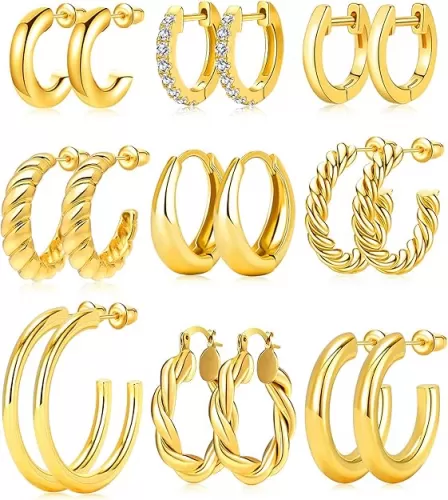Adoyi 9 Pairs Gold Hoop Earrings Set for Womens Twisted Huggie Hoops Earrings 14K 18K Gold Plated for Girls Valentines Mother