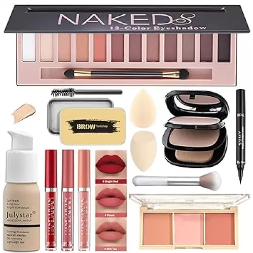 All in One Makeup Kit Full 12 Colors Naked Eyeshadow, 2 Color Compact Powder, Liquid Foundation, Lipsticks, Blush, Eyebrow Soap, Winged Eyeliner Stamp, Makeup Gift Set for Women, Teens & Girls(Naked)