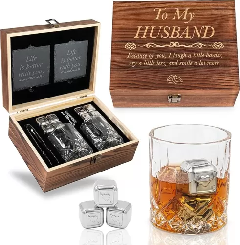 Anniversary For Him ‘To My Husband’ Engraved Whisky Glass Gift Set | Romantic Present for Husband | Unique Wedding - Birthday or Anniversary Idea