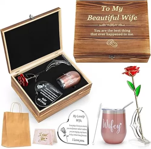Anniversary Gi fts for Her| Wife, Wife Gift Set with Crystal Engraved Heart, 24K Gold Dipped Rose, Wine Tumbler, Wife Gifts for Anniversary & Birthday