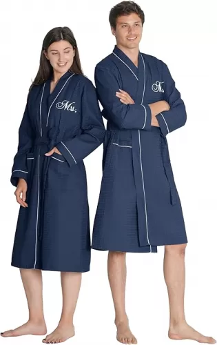 AW BRIDAL 2Pcs Mr Mrs Waffle Knit Robes, Couples Embroidered Spa Robe Set Dressing Gown, Comfy Wedding Robes for Bride Groom