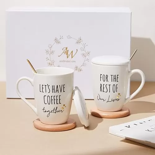 AW BRIDAL Ceramic Engagement Gifts For Couples Newly Engaged Unique Coffee Mugs Set Of 2, 12 Oz| Bachelorette Bridal Shower Gift For Bride, Anniversary Wedding Gifts For Couple Housewarming Gift Ideas