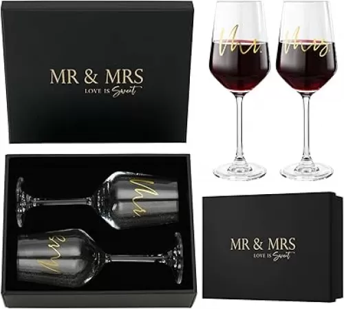 AW BRIDAL Engagement Bridal Shower Wedding Gifts for Newlyweds Couples 2025, Anniversary Mr and Mrs Wine Glasses Set of 2 for Couple, 12 oz Crystal Wedding Glass Set with Gift Box for Bride Groom
