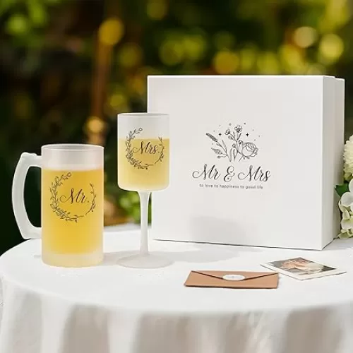 AW BRIDAL Engagement Gifts Bridal Shower Gifts Wedding Gift for Couples 2025, Mr and Mrs Champagne Flutes for Wedding, Wine Glasses for Bride Groom Newlyweds Gift with Beer Mugs