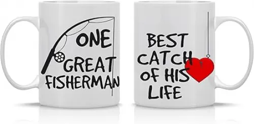 AW Fashions One Great Fisherman, Best Catch Of His Life Couples Mug - Funny Couple Mug - (2) 11OZ Coffee Mug - Funny Mug Gift Set - Mugs For Husband and Wife - Him And Her Gifts