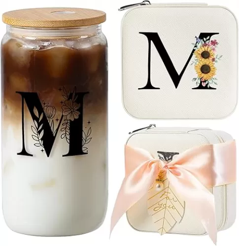 AYGXU teen girl gifts trendy stuff, Jewelry Box Organizer, Travel Initial Jewelry Box for Girls, 16oz glass cups with bamboo lids, aesthetic glass cup, Travel Essentials, Initial M white