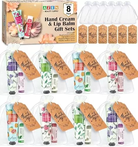 AZEN 8 Sets Bulk Gifts, Hand Cream and Lip Balm Bulk Set with Organza Bag Thank You Card, Baby Shower Wedding Gifts for Guests, Bridal Wedding Favors for Guests, Thank You Gifts for Women