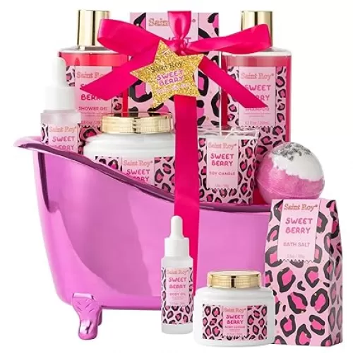 bath body Gifts for Her Home Bath Spa Gift Basket for Women Sweet Berry Bath Sets for Teens Gift Aromatherapy Home Spa Kit with Body Oil & More women