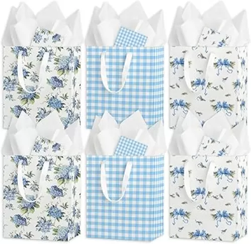 Beautiful Gift Bags Set of 6 - Blue Hydrangea Flowers Medium Sized 9" Bags with Handles incl. Matching Tissue Paper Cards - Reusable & For Presents of Any Birthday，Bridal Shower，Anniversary，Weddings