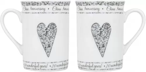 Beautifully Designed 20th China Wedding Anniversary Set of Ceramic Mugs with Hearts | Dishwasher and Microwave Safe with Decorative Keepsake Box