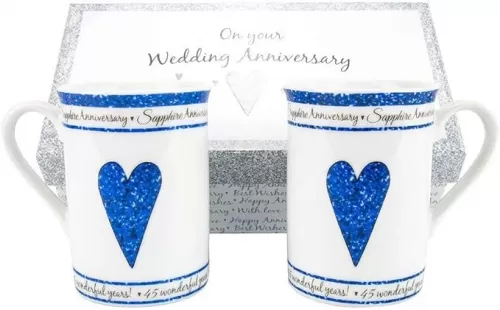 Beautifully Designed 45th Sapphire Wedding Anniversary Set of Ceramic Mugs with Hearts | Dishwasher and Microwave Safe with Decorative Keepsake Box