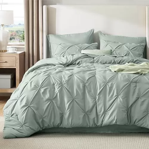 Bedsure King Size Comforter Set Sage Green - Bed in a Bag King Size 7 Pieces, GentleSoft™ Pintuck Bed Set Gift for Family, Pinch Pleat Sage Green Comforter with Sheets, Pillowcases & Shams