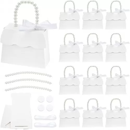 BENECREAT 16 Sets White Wedding Favors Box DIY Set, Kraft Paper Box with Pearl Handle, Ribbons, Stickers, Gift Boxes for Birthday, Party Favor, Boutique, Wedding and Anniversary